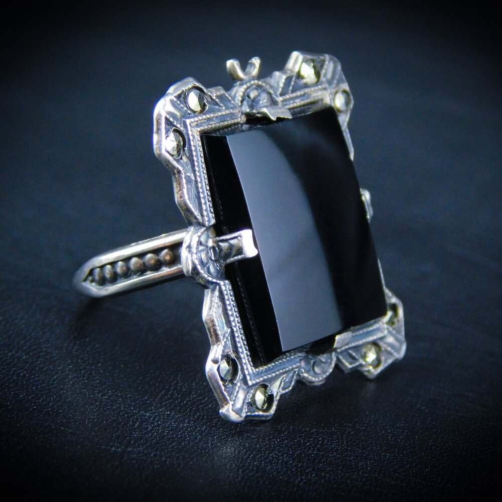 Antique Deco Black Onyx and Marcasite Ring.